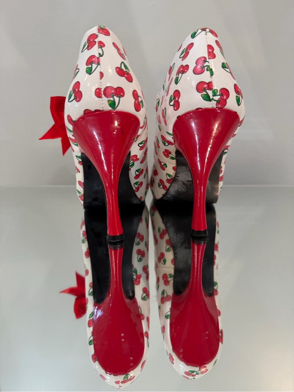 Cherry-Print Red Peep-Toe Mary Jane Heels with Bow - Picture 3 of 5
